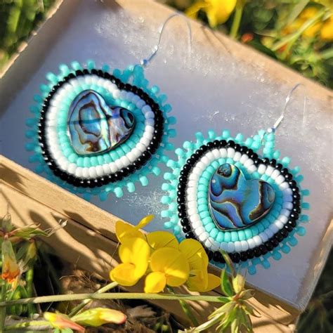 Seafoam Green And Abalone Shell Heart Shaped Beaded Earrings Contemporary Native American Beadwork