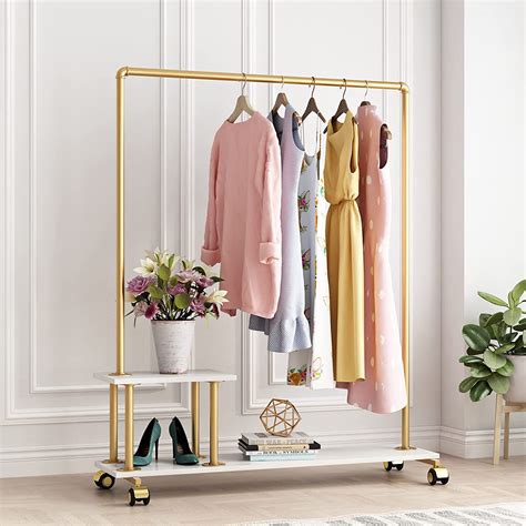 Fonechin Gold Metal Clothing Rack With Wood Shelf Heavy