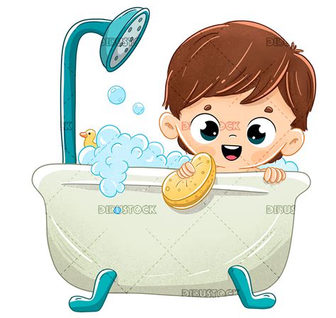 Boy Bathing In The Bathtub With Foam Dibustock Ilustraciones