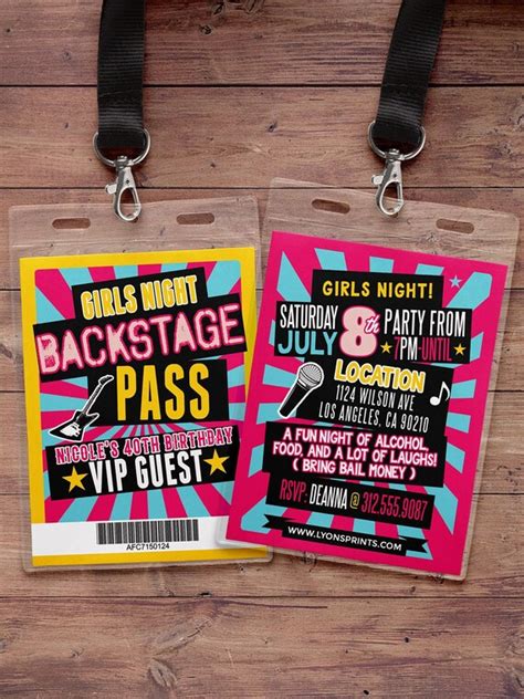 Girls Night Invite Bachelorette Party Invite Neon Vip Pass Backstage Pass Birthday