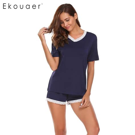 Ekouaer Casual Women Pajama V Neck Short Sleeve Lace Trimmed Tops With Elastic Waist Shorts