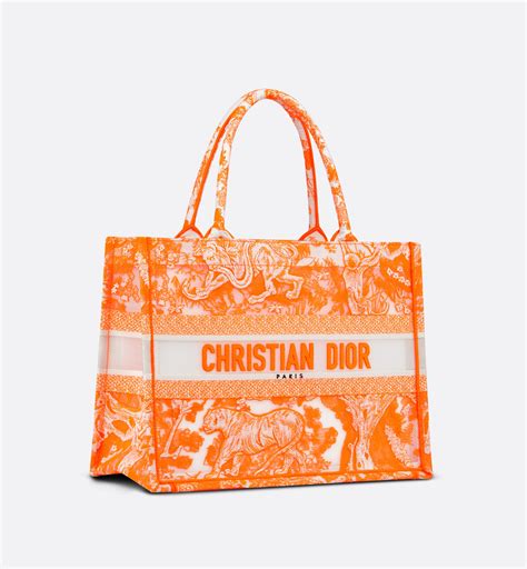 Medium Dior Book Tote Fluorescent Orange Toile De Jouy Transparent