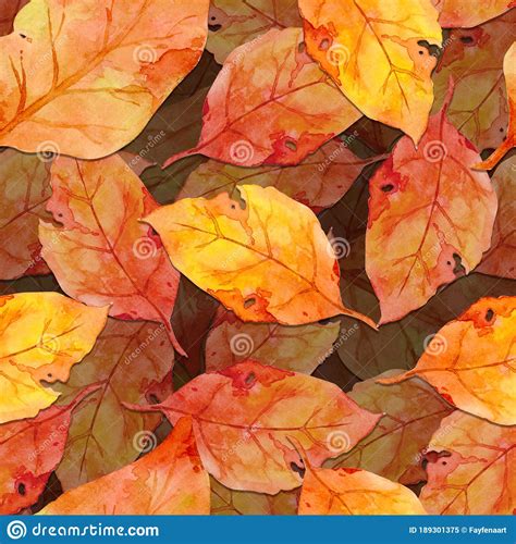 Golden Fall Leaves Seamless Pattern In Watercolor Style Autumn