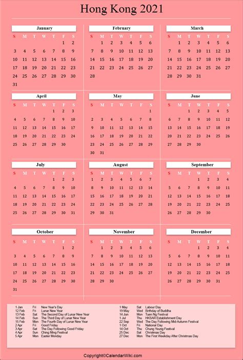 Printable Hongkong Calendar 2021 With Holidays Public Holidays