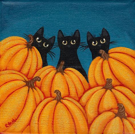 Halloween Black Cats And Pumpkins Original Folk Art Painting Black