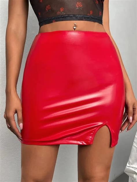 Women Sexy Bodycon Patent Leather Skirt Side Split Pu Short Mini Stretchy Skirts Nightclub Pole