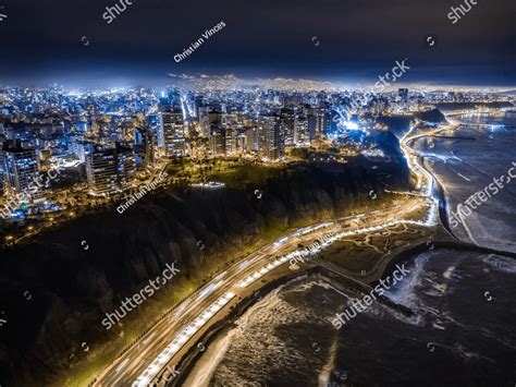 Lima Peru Aerial Night View Of Miraflores Town Cliff And The Costa
