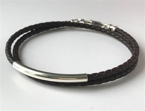 Mens Leather Wrap Bracelet Sterling Silver Beaded Wristband In Black
