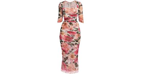 Dolce And Gabbana Floral Tulle Ruched Midi Dress In Pink Lyst