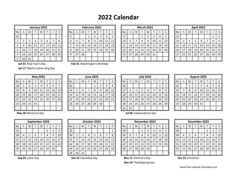 Yearly Calendar 2022 Printable With Federal Holidays Free Calendar