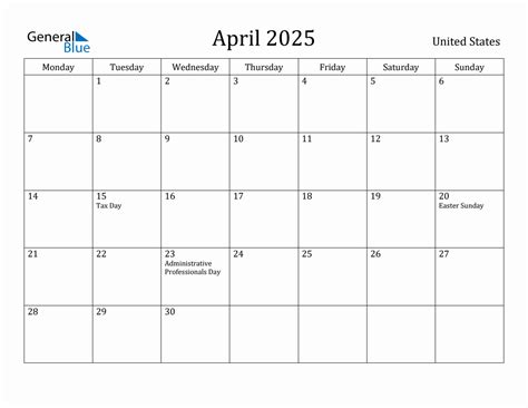 April 2025 Monthly Calendar With United States Holidays