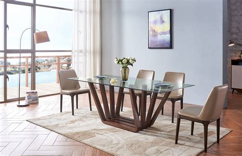 Sophisticated Rectangular Wooden And Clear Glass Top Leather Modern Dining Set Modern Dining