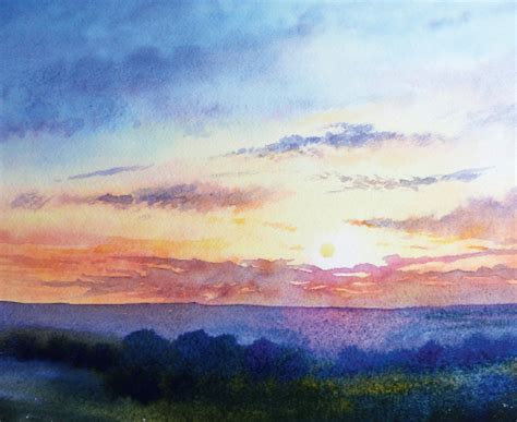 Watercolor Drawing Of Natural Scenery Sunrise This Print Gives The