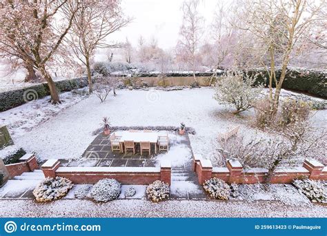 Garden In Winter Snow Covered Backyard Scene Uk Stock Image Image
