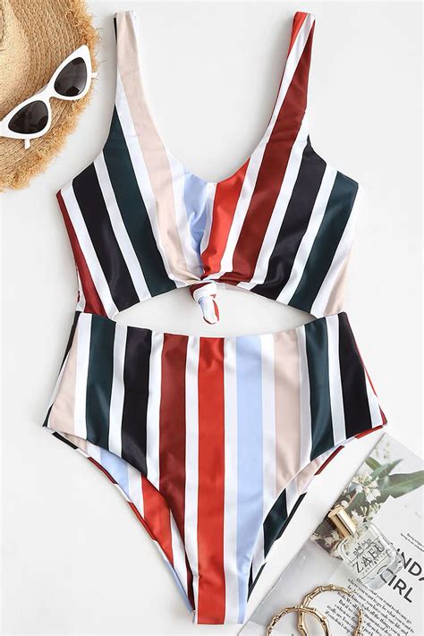 Zaful Striped Knotted Monokini Swimsuit Multi Multi A In 2020