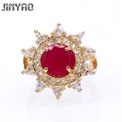Jinyao Elegant Champagne Gold Color Red Aaa Cubic Zircon Finger Ring Party Jewelry For Women