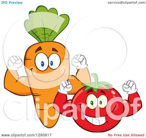 Clipart Of Happy Tomato And Carrot Characters Flexing Their Muscles