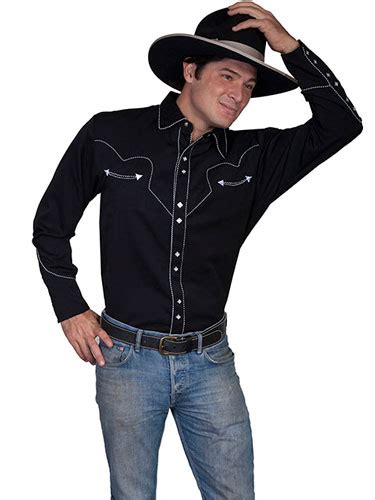 Scully Long Sleeve Snap Front Western Shirt Black With White Stitch