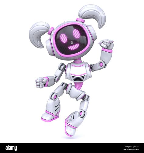 Cute Pink Girl Robot Happy Jumping 3d Stock Photo Alamy