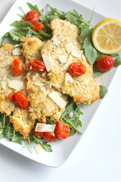 Dip into egg and milk mixture, then into bread crumbs. Parmesan Crusted Chicken with Arugula Salad #chicken #lowcarb #30minutemeal #parmesan #keto ...
