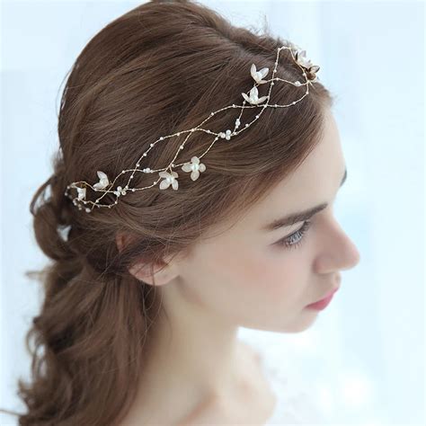Elegant Bride Hair Accessories Pearls Flower Head Chain Headband Floral