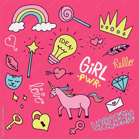 Vector Illustration Of Cute Girly Doodles Set Drawn By Hand Stock