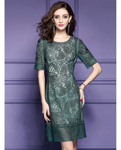 High End Green Short Sleeve Dress For Women Over 4050 With Embroidery