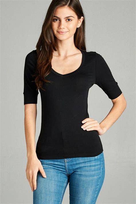 Active Basic Womens Basic Elbow Sleeve V Neck Short Sleeve T Shirt