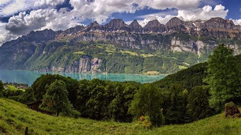 Картинка Альпы Швейцария Walensee Lake Walen гора Природа 1920x1080