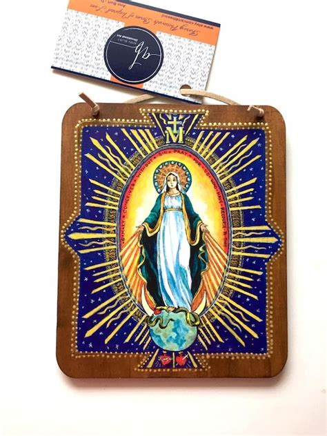 Virgin Mary Catholic Art Miraculous Medal Wooden Wall Plaque Etsy