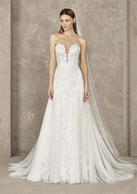 Intricate Lace Sheath Wedding Gown Plunging Neckline Modes Bridal Nz