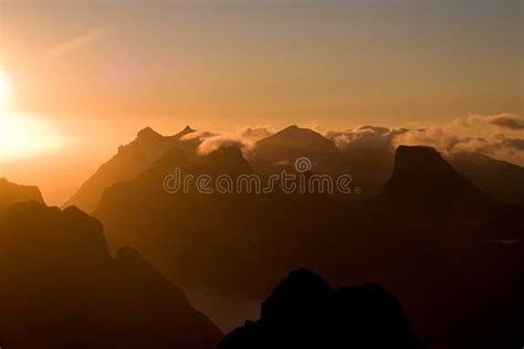 Lofoten Midnight Sun Over Sharp Mountains Of Moskenesoya Seen From