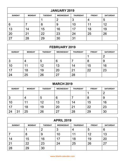 Free Download Printable Calendar 2019 4 Months Per Page 3 Pages