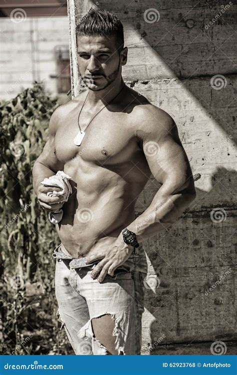 Muscular Construction Worker Shirtless In Building Stock Photo Image