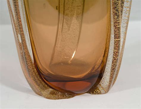Midcentury Murano Glass Vase In Green And Amber With Gold Leaf For Sale At 1stdibs