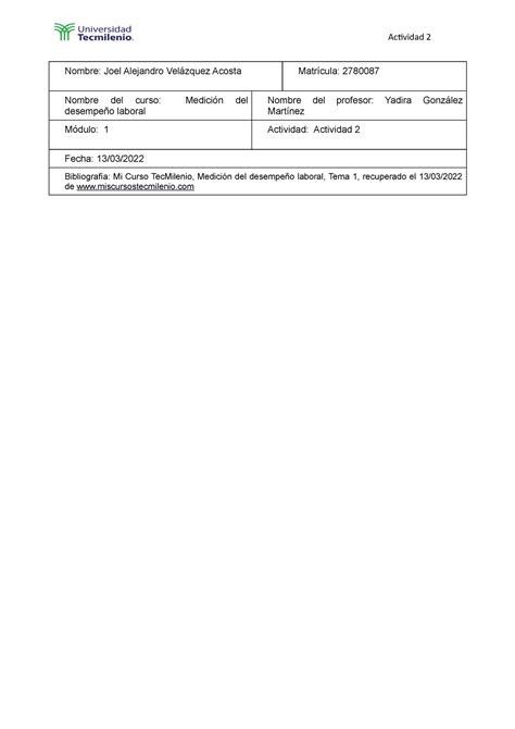 Act 2 Ml Apuntes 2 Nombre Del Curso Medición Deldesempeño