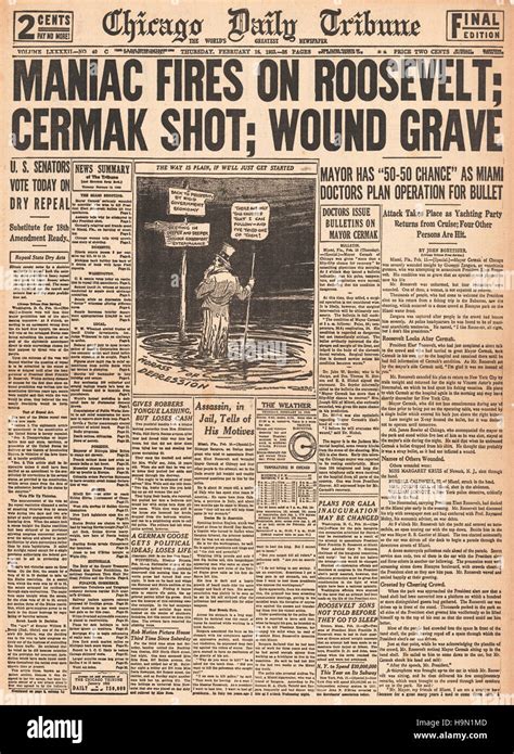 1933 Chicago Daily Tribune Front Page Assassination Attempt Theodore