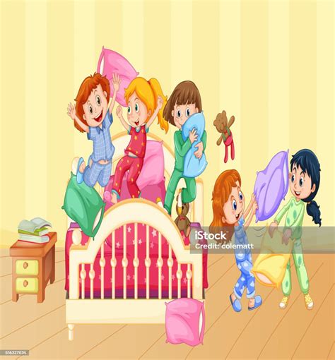 Girls Playing Pillow Fight At Slumber Party Stock Illustration