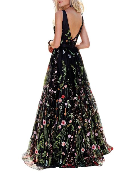 Womens V Neck Ball Gown Embroidery Evening Dresses Floral Print Long