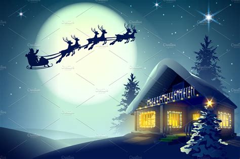 Santa Claus And Reindeer Flying Custom Designed Illustrations