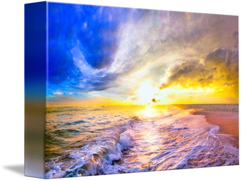 Blue Gold Beach Sunset And Ocean Waves By Eszra Tanner