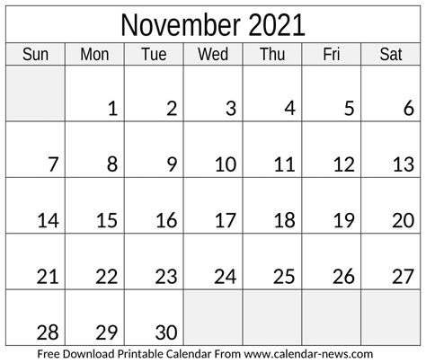 November 2021 Calendar With Holidays For Pdf Word Excel