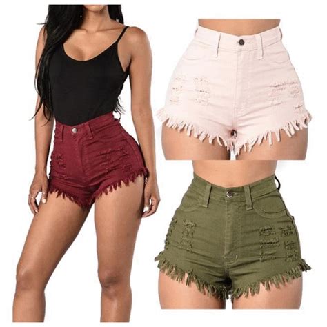 Womens High Waist Stretch Vintage Shorts W Ripped Patchwork And Tassel Design High Waisted