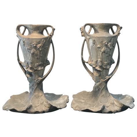 Pair Of Art Nouveau Pewter And Green Glass Twin Handled Vases By Osiris For Sale At 1stdibs