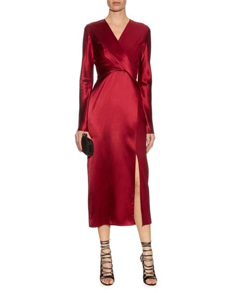 dion lee long sleeved silk satin dress in red lyst