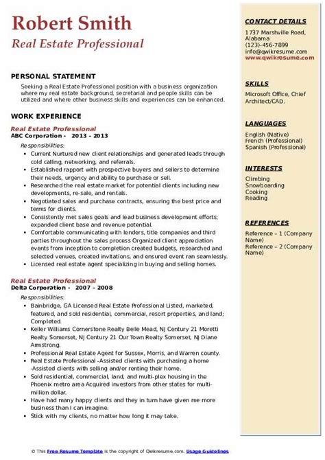 This means you can change the cv template any time you want! Real Estate Professional Resume Samples | QwikResume