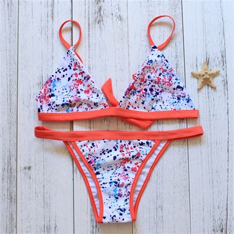 2017 New Women Bikinis Set Orange Dot Print Swimwear Bandage Halter Top