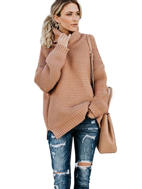 Wodstyle Womens Winter Turtle Neck Baggy Chunky Knitted Loose Jumper