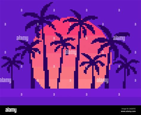 Pixel Art Palm Trees At Sunset In 80s Style 8 Bit Sun Synthwave And