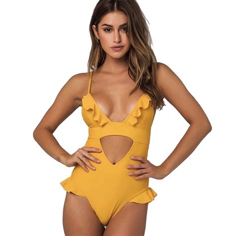 Buy Sexy Ruffled Yellow One Piece Swimsuit Women